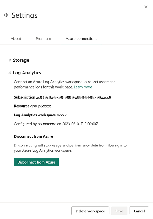Screenshot della scheda Connessioni di Azure aperta nel riquadro delle impostazioni.