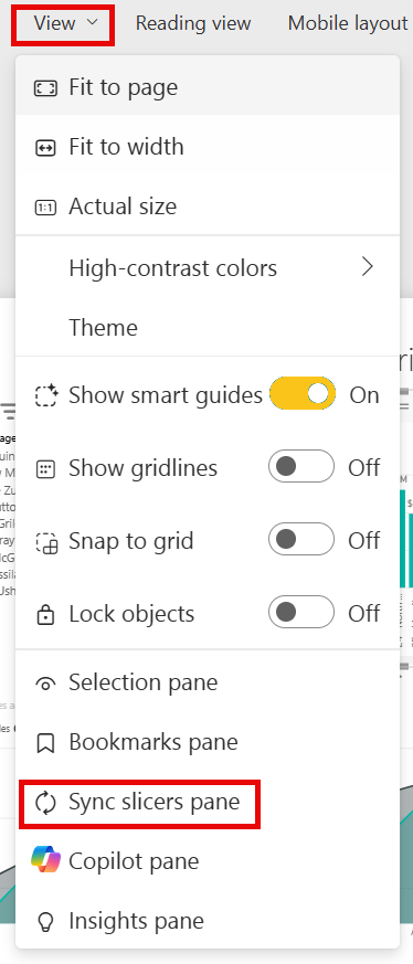Screenshot della selezione sincronizza filtri dei dati nel servizio Power BI.