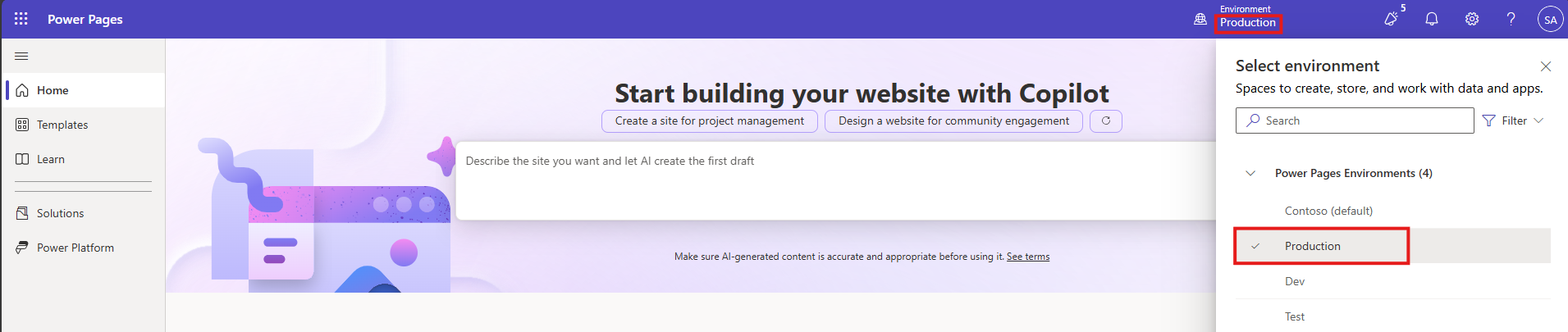 Selezione di un ambiente Microsoft Dataverse.
