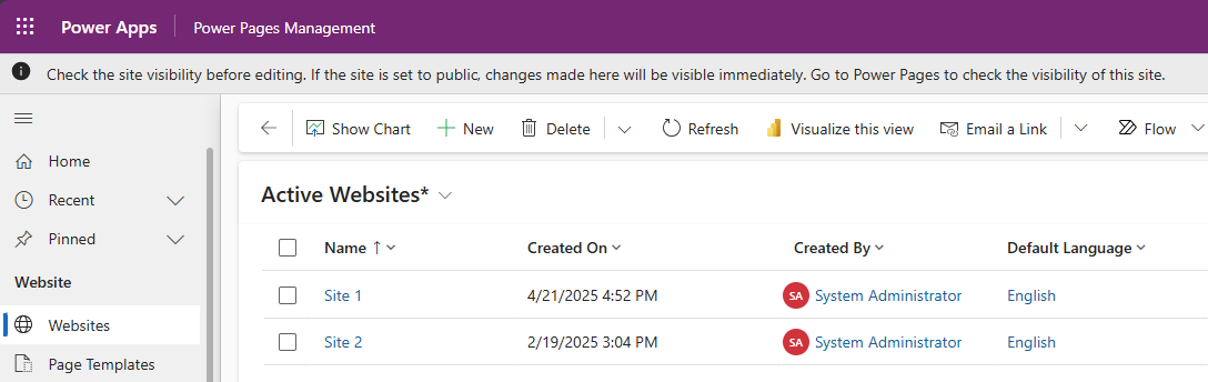 Record del sito Web nell'app Gestione del portale.