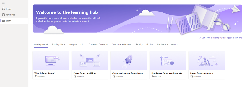Hub di apprendimento in Power Pages.