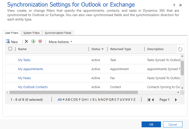 Screenshot che mostra la pagina Impostazioni di sincronizzazione per Outlook o Exchange.