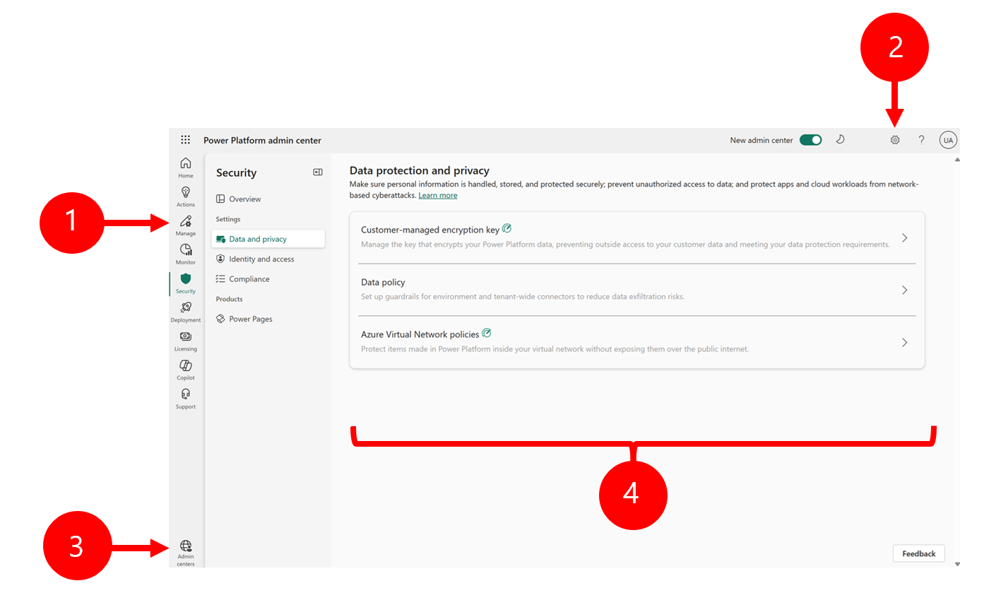 Screenshot dell'interfaccia di amministrazione di Power Platform.