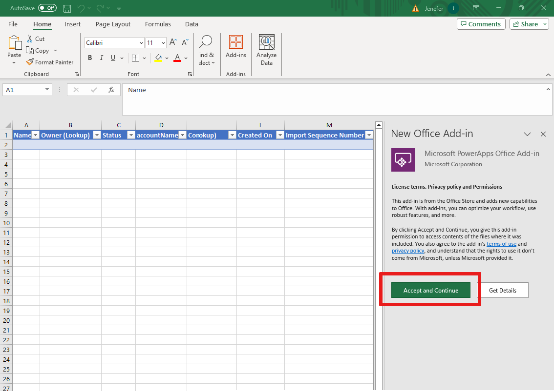 Screenshot che mostra dove selezionare il pulsante Accetta e Continua.