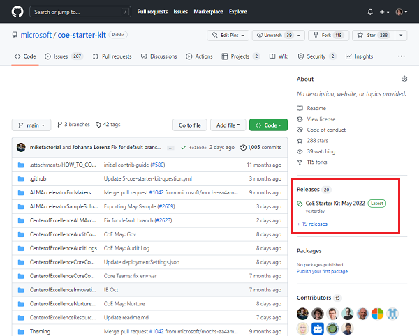 Screenshot che mostra dove trovare le note sull'ultima versione per lo Starter Kit CoE.
