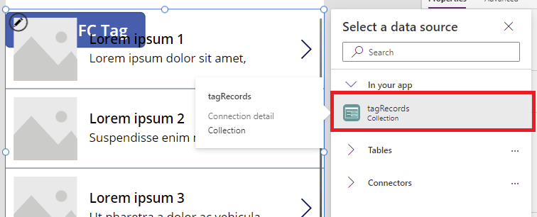 Origine dati per la raccolta selezionata come tagRecords.