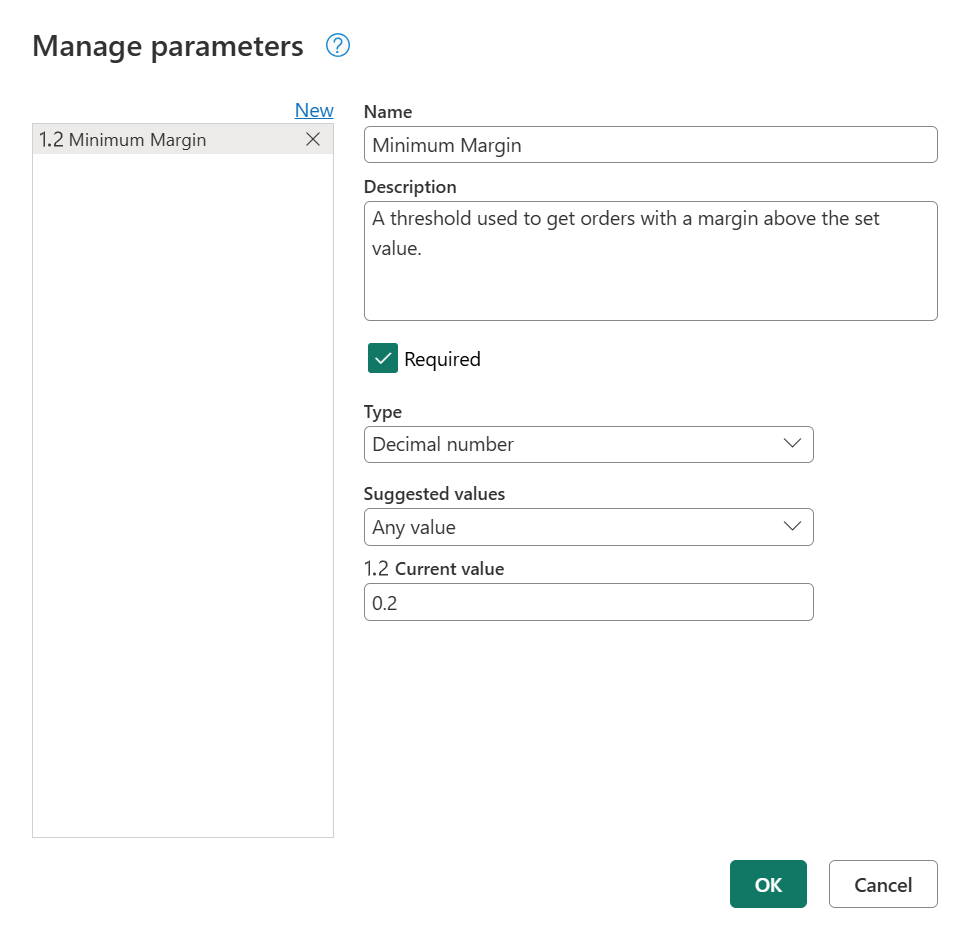 Screenshot di Manage parameters con un parametro di esempio contenente un valore soglia minimo.