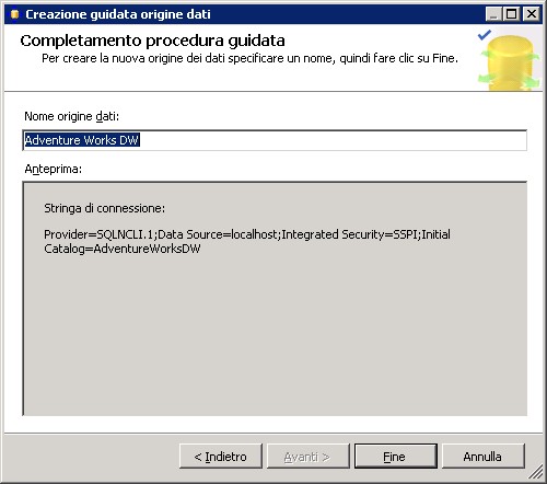 Pagina Completamento procedura guidata della Creazione guidata origine dati
