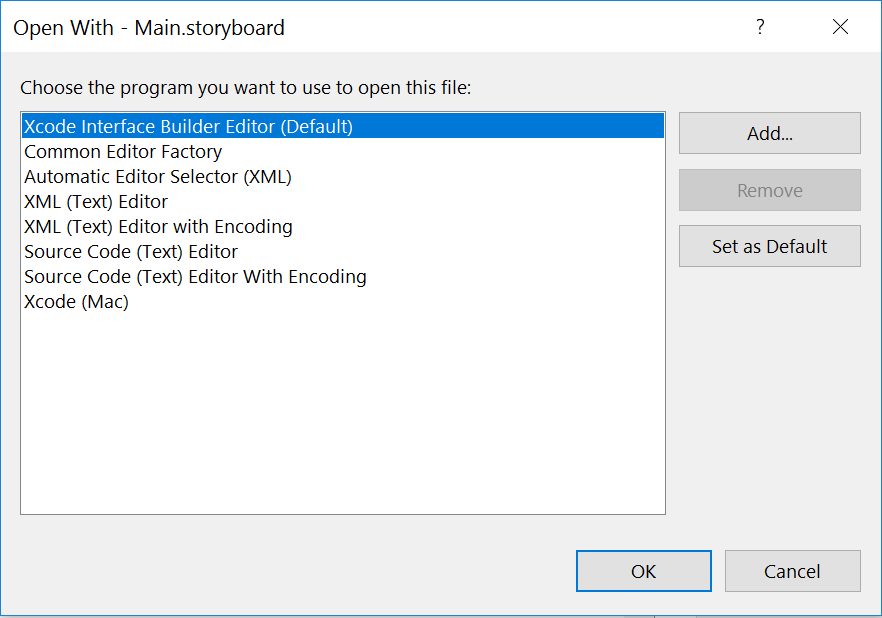 Menu di scelta rapida storyboard - Xcode