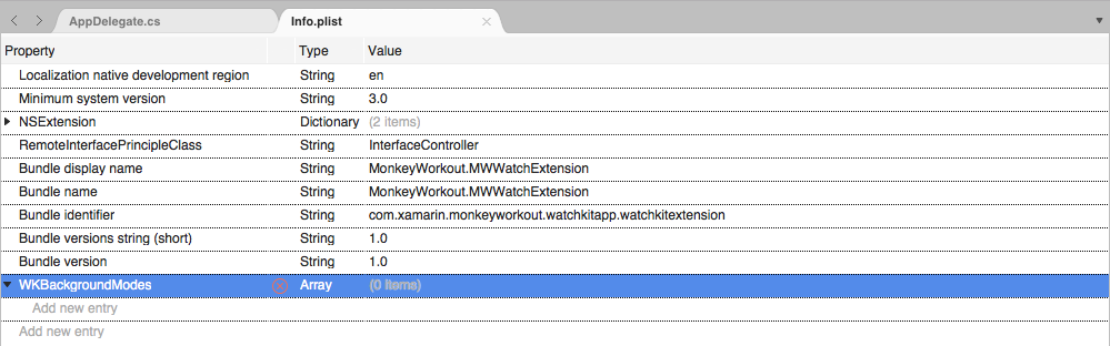 Aggiungere una nuova chiave denominata WKBackgroundModes