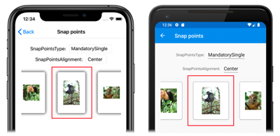 CarouselView con punti di ancoraggio al centro Screenshot di un controllo CarouselView con punti di ancoraggio al centro, in iOS e Android