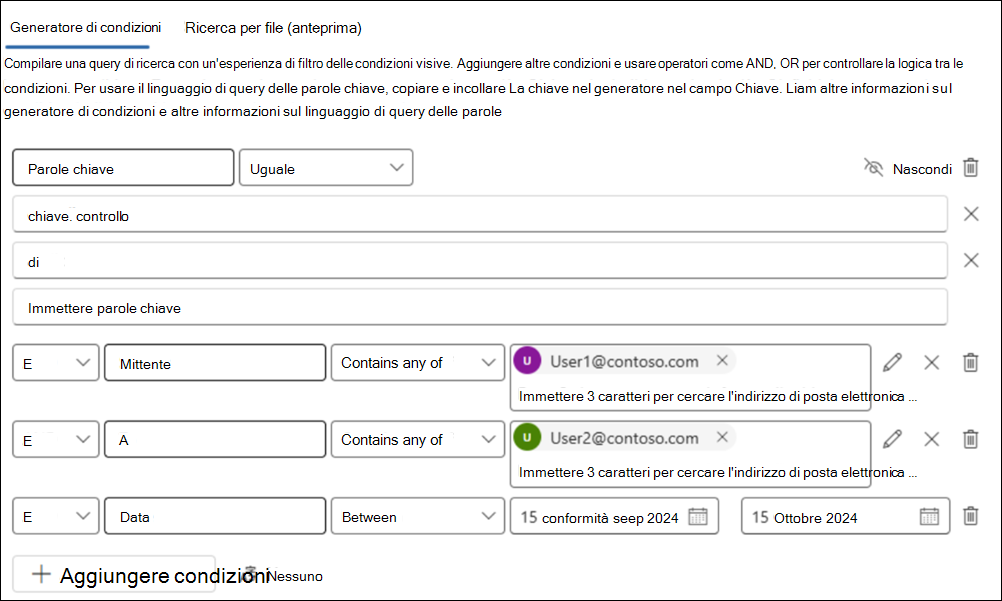 Esempio di ricerca del generatore di condizioni.