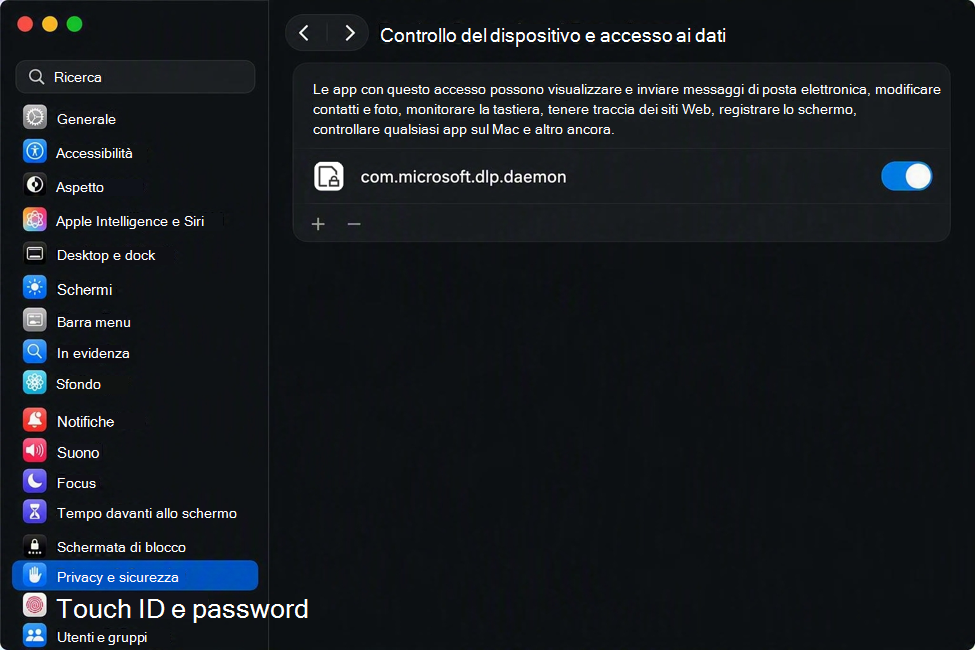 Screenshot delle impostazioni di controllo dispositivo e accesso ai dati macOS con autorizzazione abilitata per com.microsoft.dlp.daemon.
