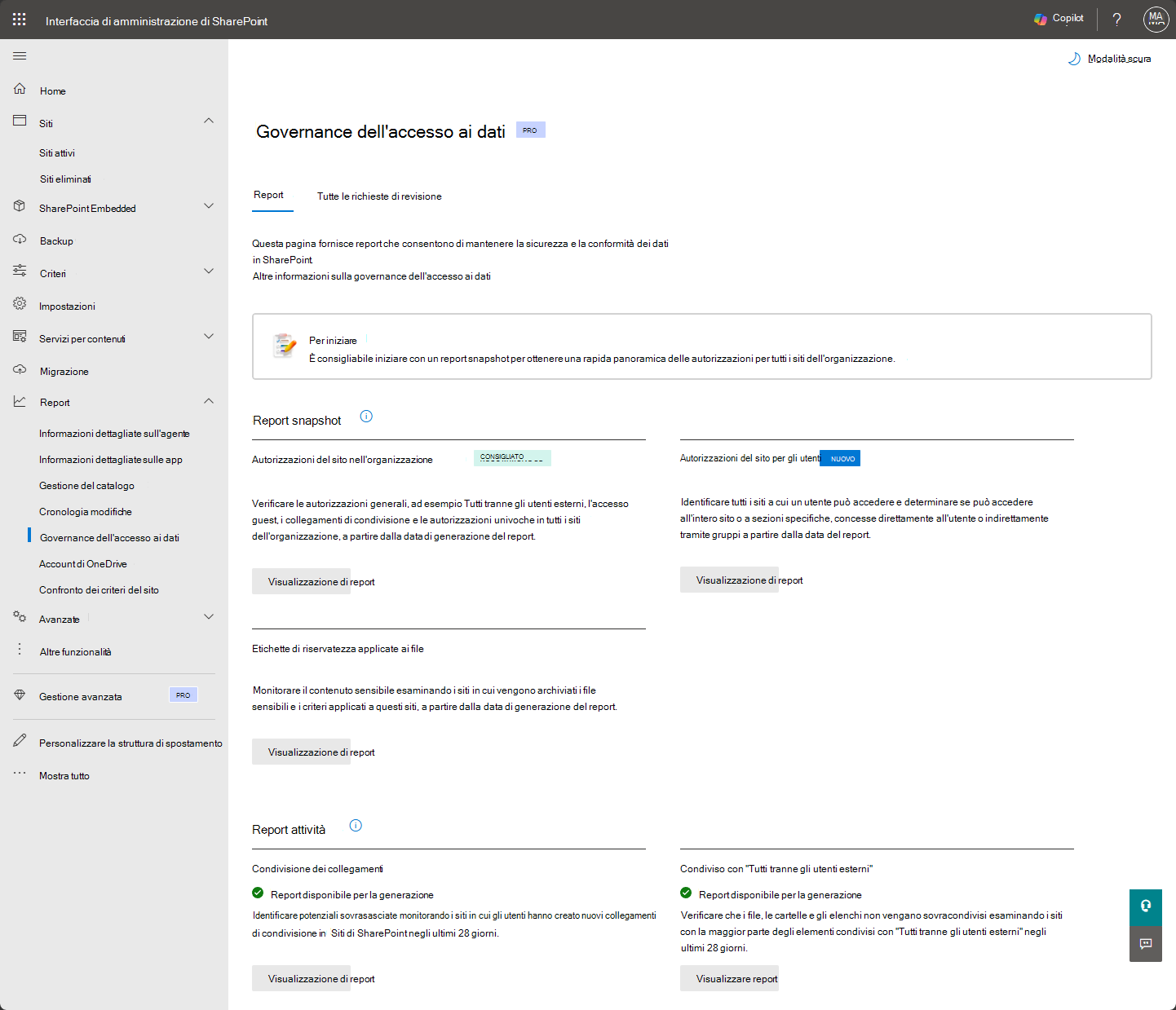 Screenshot dei report di governance dell'accesso ai dati nell'interfaccia di amministrazione di SharePoint.
