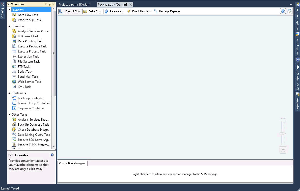 Screenshot del Designer di SSIS e della casella degli strumenti