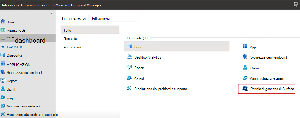 Screenshot che mostra Surface Management Portal nella home page dell'interfaccia di amministrazione di Intune.
