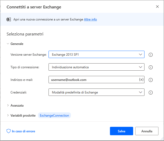 Proprietà della finestra di dialogo dell'azione Connettiti a server Exchange.