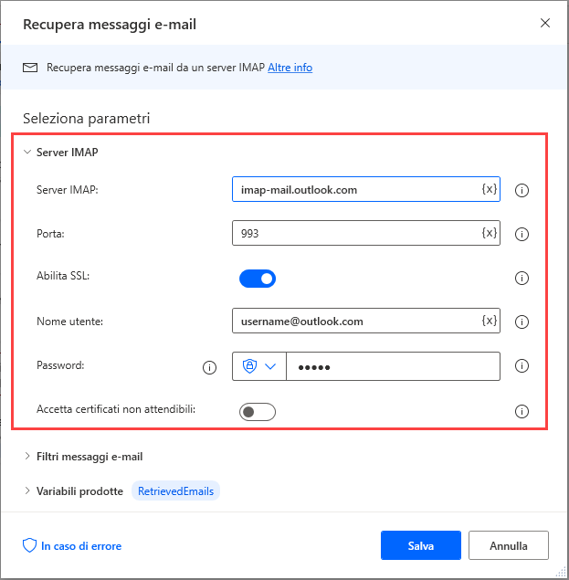 Screenshot della sezione Server IMAP nell'azione Recupera messaggi e-mail.