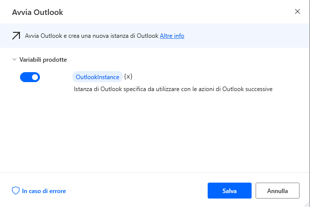 Screenshot della finestra di dialogo dell'azione Avvia Outlook.