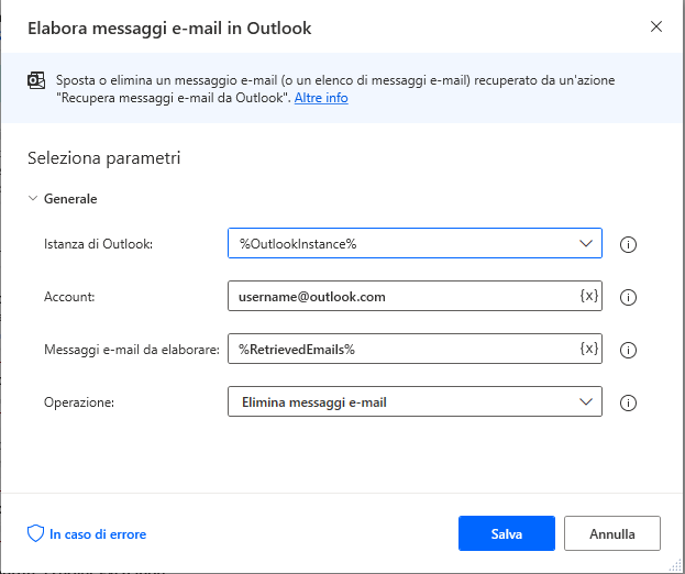 Screenshot della finestra di dialogo dell'azione Elabora messaggi e-mail in Outlook.