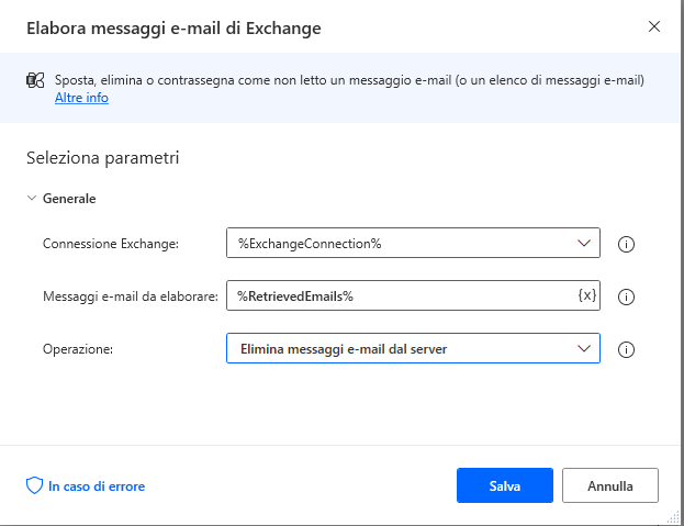 Proprietà della finestra di dialogo dell'azione Elabora messaggi e-mail di Exchange.