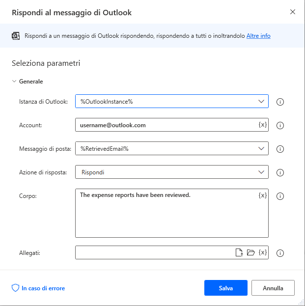Screenshot della finestra di dialogo dell'azione Rispondi al messaggio di Outlook.