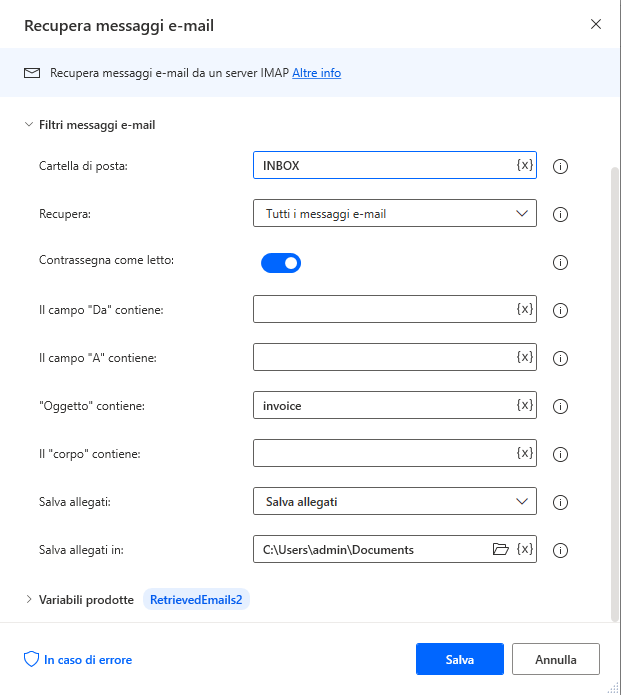 Screenshot dell'azione Recupera messaggi e-mail.