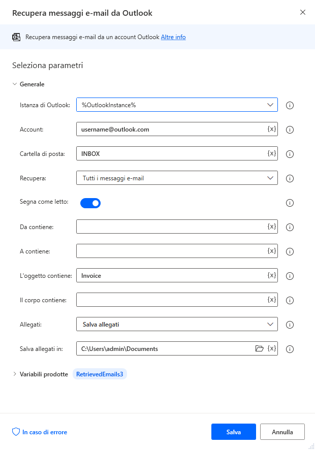 Screenshot della finestra di dialogo dell'azione Recupera messaggi e-mail da Outlook.