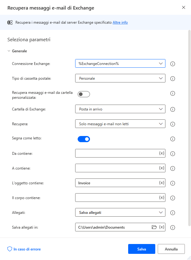 Proprietà della finestra di dialogo dell'azione Recupera messaggi e-mail di Exchange.