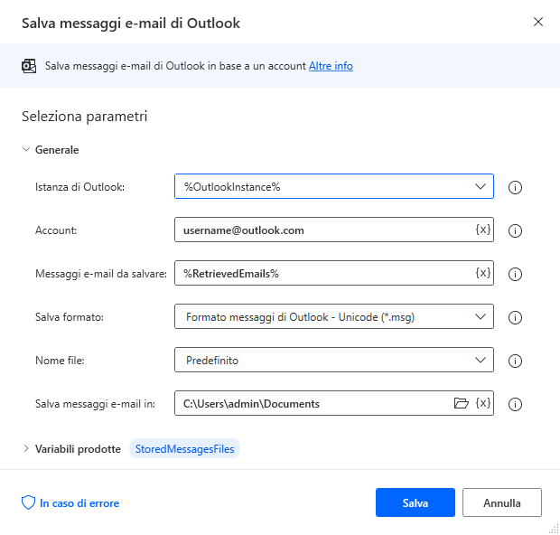 Screenshot della finestra di dialogo dell'azione Salva messaggi e-mail di Outlook.