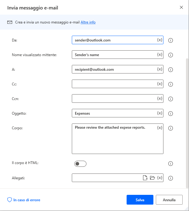 Screenshot della finestra di dialogo dell'azione Invia messaggio e-mail.