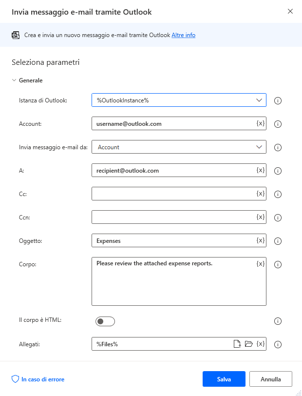 Screenshot della finestra di dialogo dell'azione Invia messaggio e-mail tramite Outlook.
