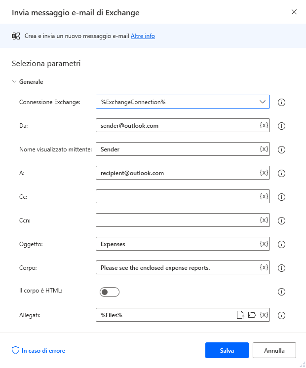 Proprietà della finestra di dialogo dell'azione Invia messaggio e-mail di Exchange.