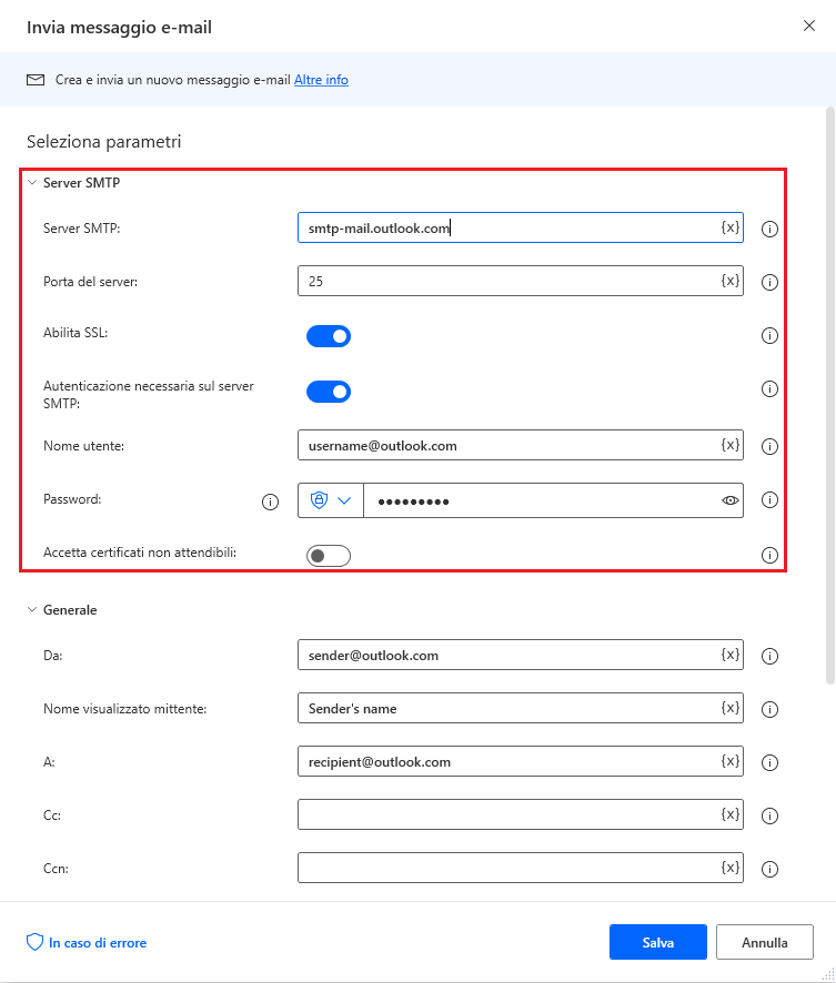 Screenshot della sezione Server SMTP nell'azione Invia e-mail.