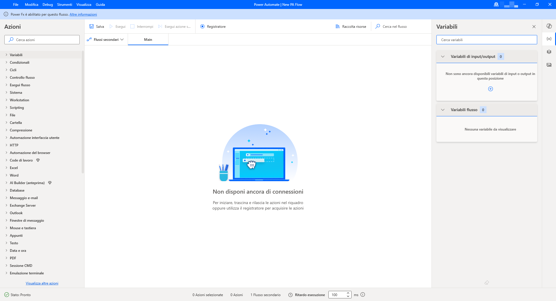 Screenshot di Progettazione flusso di Power Automate per desktop.