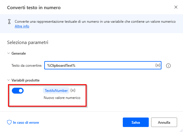 Screenshot dell'azione Converti testo in numero.