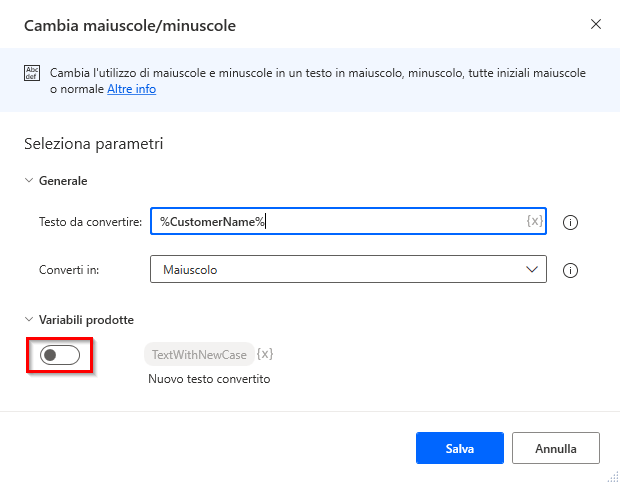 Screenshot dell'opzione per disabilitare una variabile prodotta.