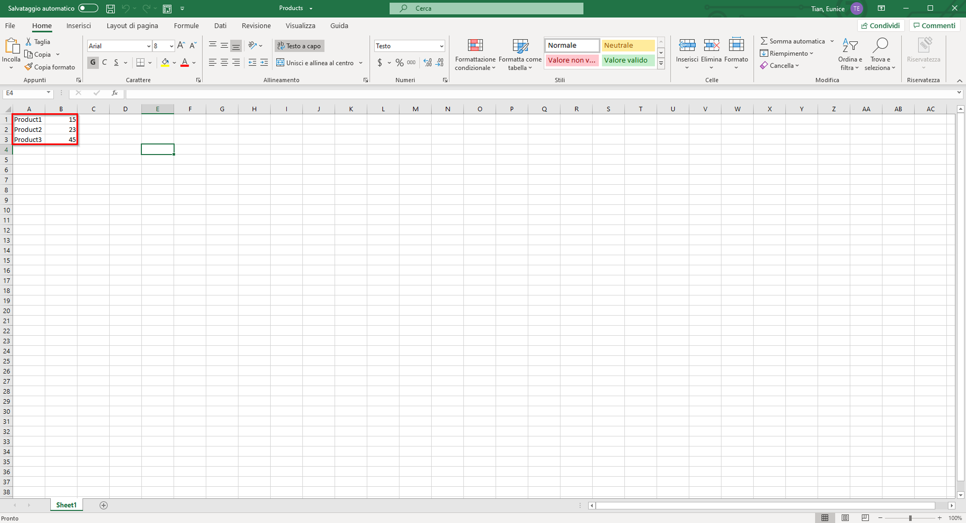 Screenshot di una tabella Excel contenente prodotti e prezzi.