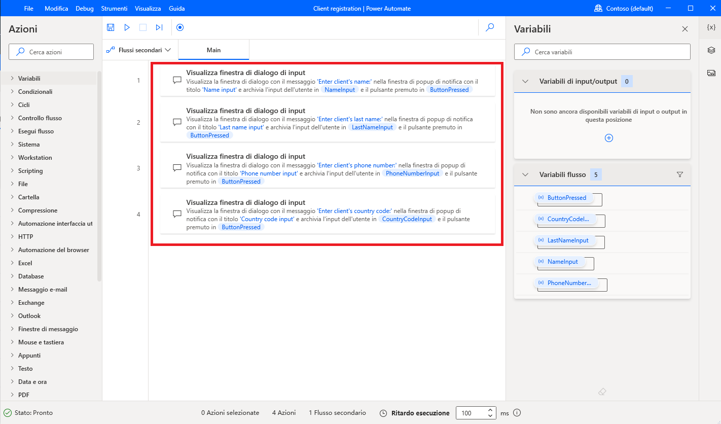 Screenshot di tutte le azioni Visualizza finestra di dialogo di input.