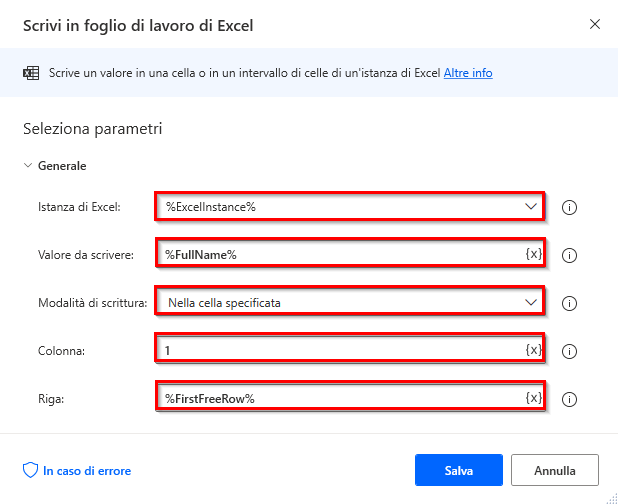 Screenshot della prima azione Scrivi in foglio di lavoro di Excel.