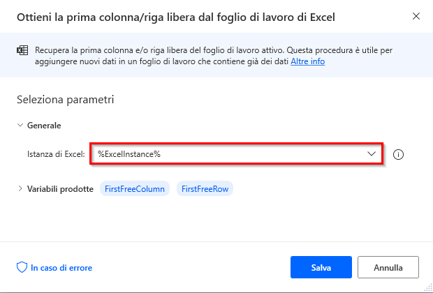 Screenshot dell'azione Ottieni la prima colonna/riga libera dal foglio di lavoro di Excel.