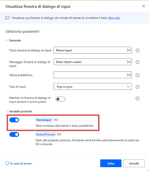 Screenshot della variabile prodotta rinominata nell'azione Visualizza finestra di dialogo di input.