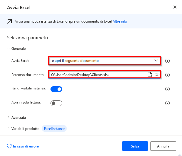 Screenshot della finestra di dialogo delle proprietà dell'azione Avvia Excel.