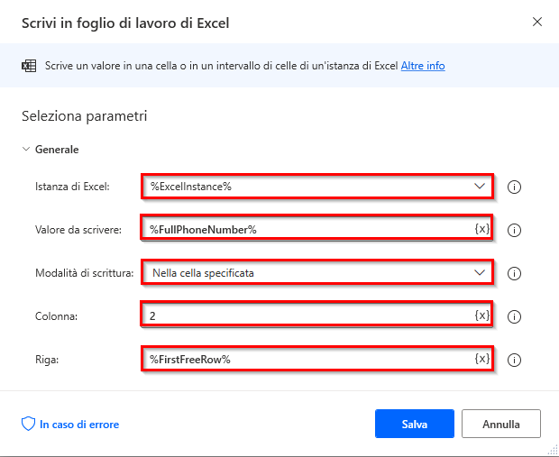 Screenshot della seconda azione Scrivi in foglio di lavoro di Excel.