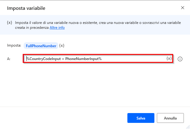 Screenshot dell'azione Imposta variabile contenente il numero di telefono.