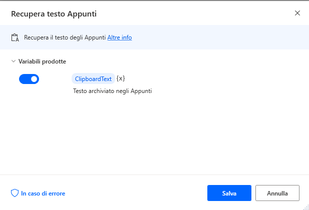 Screenshot dell'azione Recupera testo Appunti.