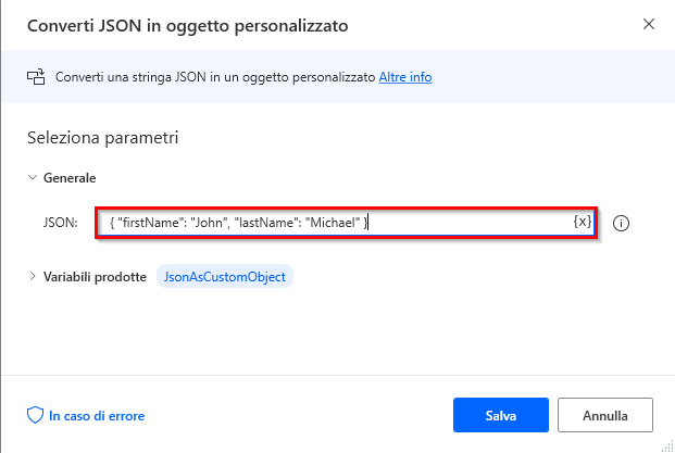 Screenshot di un blocco JSON come parametro nell'azione Converti JSON in oggetto personalizzato.