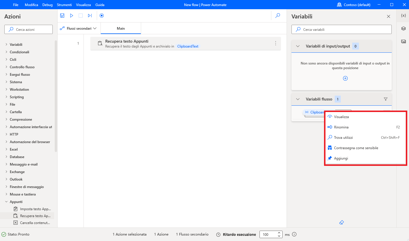 Screenshot delle opzioni Rinomina e Trova utilizzi della variabile.