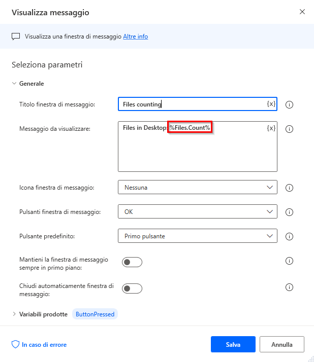 Screenshot della notazione per ottenere la dimensione di un elenco di file.
