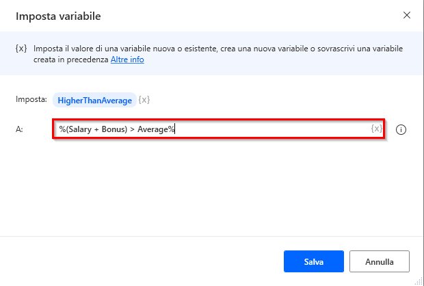Screenshot di un'espressione con operatori aritmetici e logici.